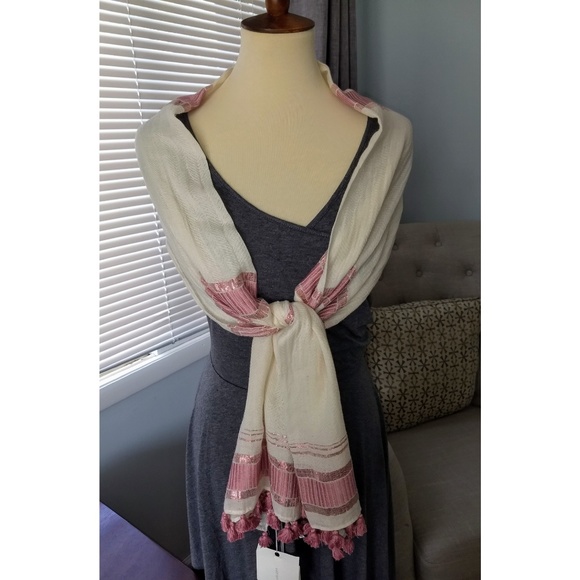 NWT Loft Scarf - Cream & Pink w/tassels - Picture 3 of 7
